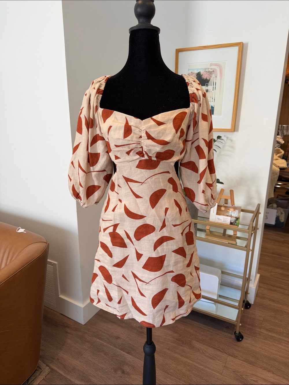 Astr Rust Abstract Print Cut Out Puff-Sleeve Mini Dress